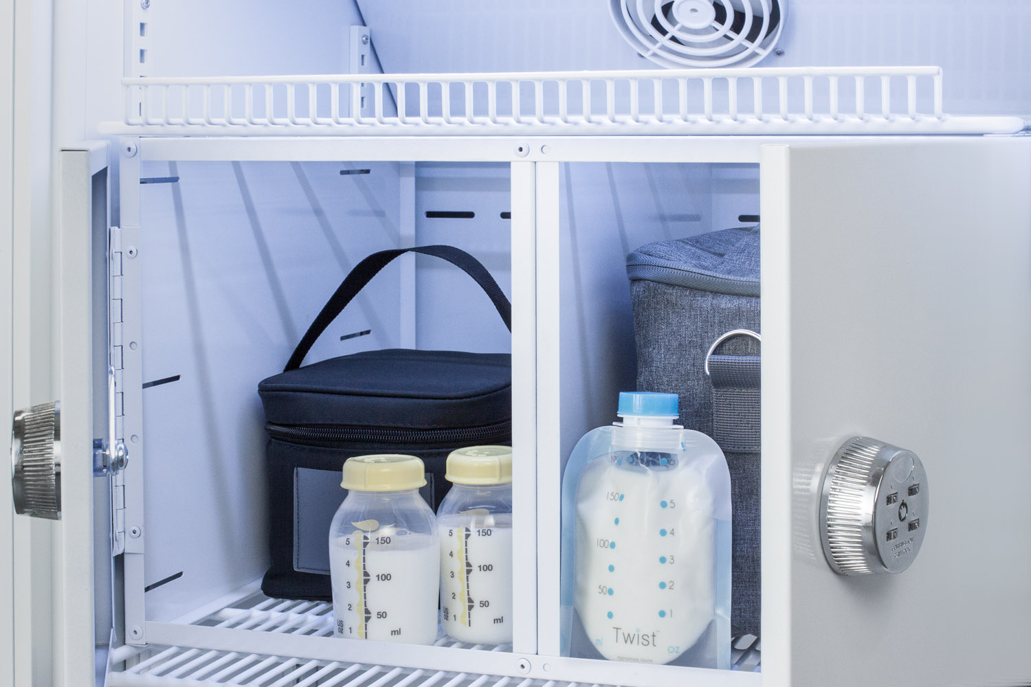 All-refrigerator for breast milk storage with 8 lockers with combination locks.